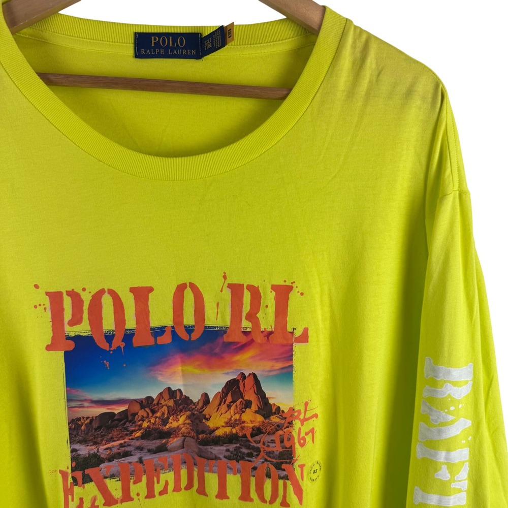 Polo Ralph Lauren T-Shirt Mens 2XLT Neon Yellow Expedition Graphic Long Sleeve